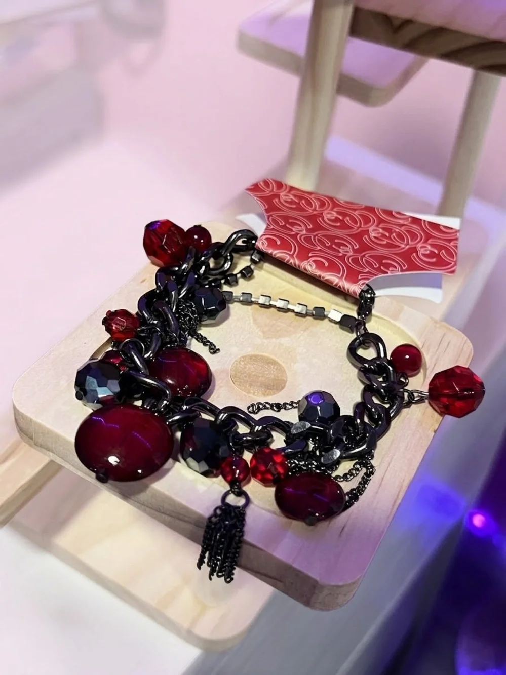 Charming Charlie Black Chain Bracelet with Ruby Red Beads